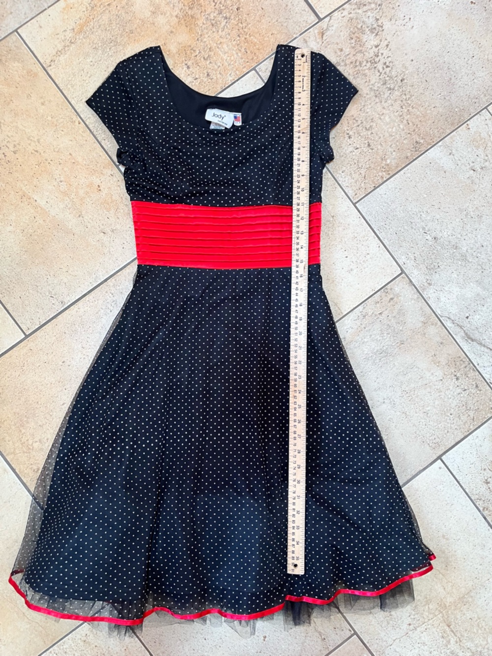 VTG Black Polka Dot Midi Dress with Red Waistband Tafetta - Picture 2 of 7